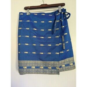 Vintage Thai Silk Wrap Skirt One Size  Stitching Elephants Blue Skirt